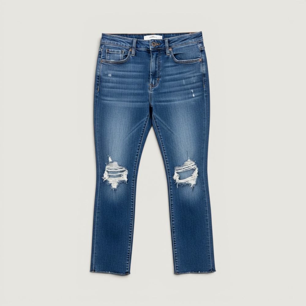 Hollister High Rise Mom Jeans Womens 1S 25 Distressed Ripped Cropped Blue Denim